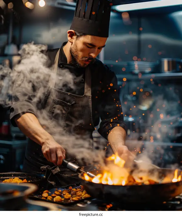 Focused male chef cooking with fire in kitchen