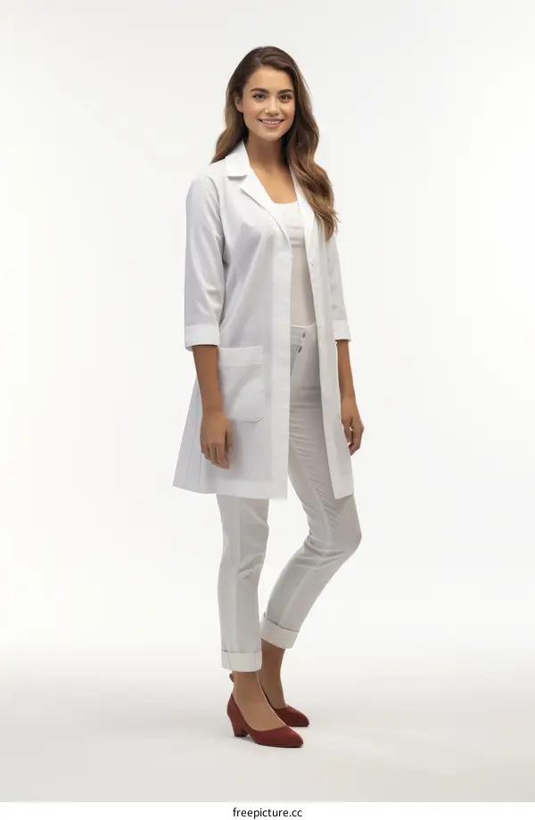 Caucasian female doctor wearing a white lab coat