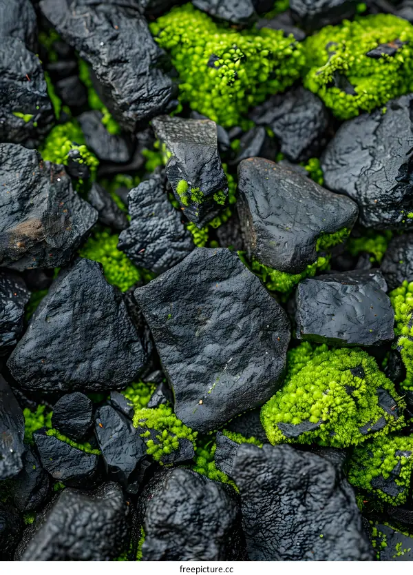 Green Moss Growing On Black Rocks