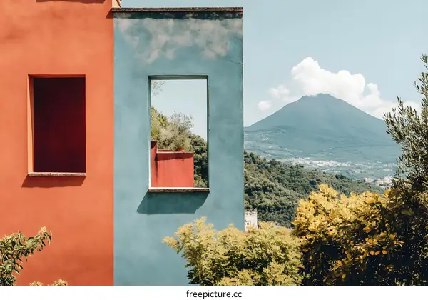 Modernist Architecture with a View of a Volcano