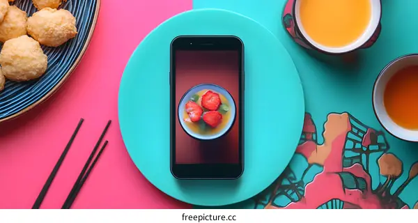 Smartphone Showing Dessert with Strawberries on a Blue Plate on Pink Background