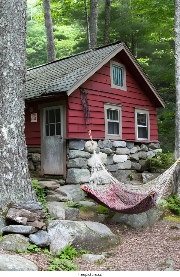 Red Wooden Cabin With Hammock In Front