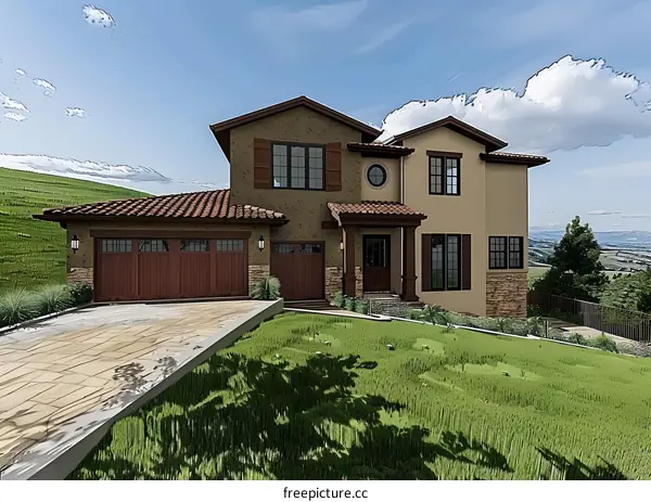 Modern Two Story House with Brown Roof and Garage
