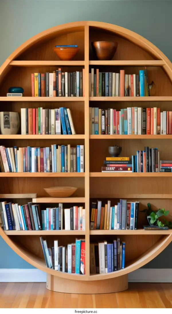 Half-circle wooden bookshelf filled with various books, bowls, and a plant