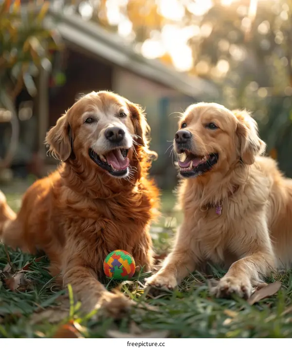 Two Golden Retrievers lying on the grass next to each other with a ball between them