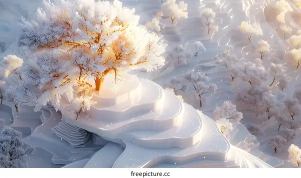 A large white tree stands in the middle of a snowy forest