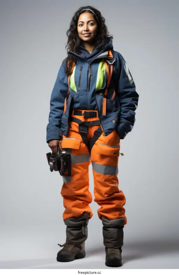 A young female engineer wearing a hard hat and safety gear