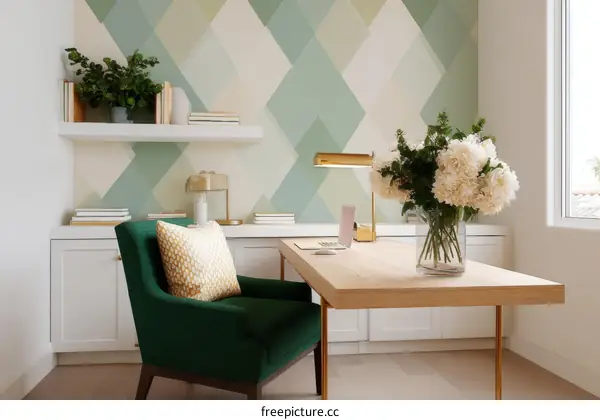 Modern Home Office with Geometric Wallpaper