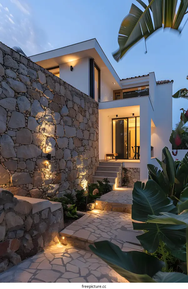 Stone Pathway Leading to Modern Villa at Dusk