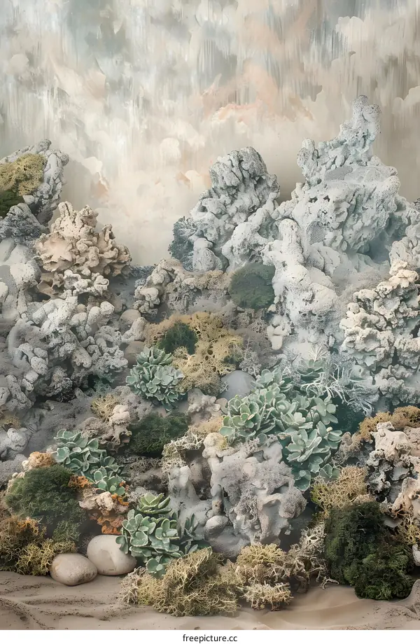 Abstract Stone and Moss Landscape with Foggy Background