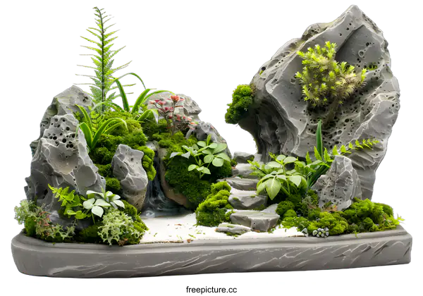 [Transparent Background PNG]Miniature Landscape With Stone, Waterfall, and Moss