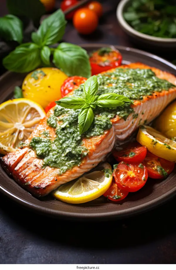 Grilled salmon with pesto sauce