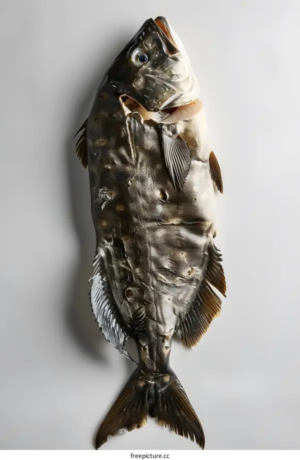 A large fish with dark scales lies on a white surface