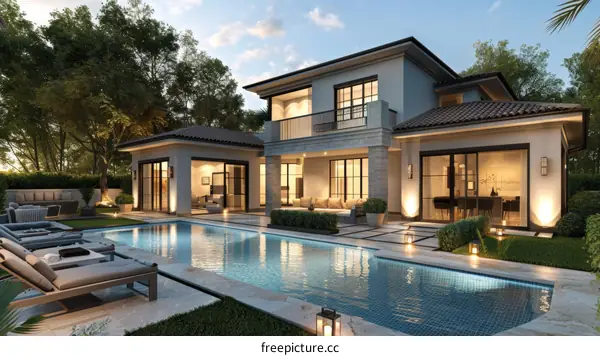 A beautiful house with a pool and a garden