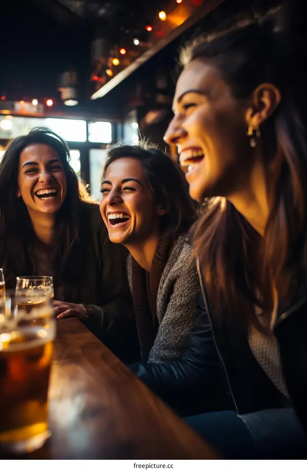 Three women laughing in a bar