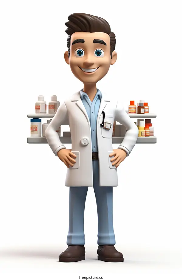 Pharmacist with arms akimbo standing in front of shelves of medication