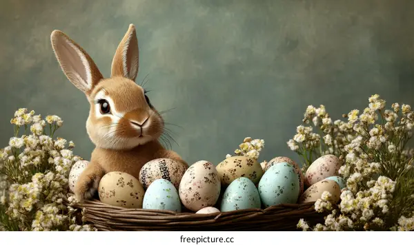 Easter Bunny with Decorated Eggs and Flowers