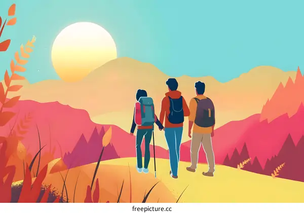 Three Friends Hiking on a Mountain Trail