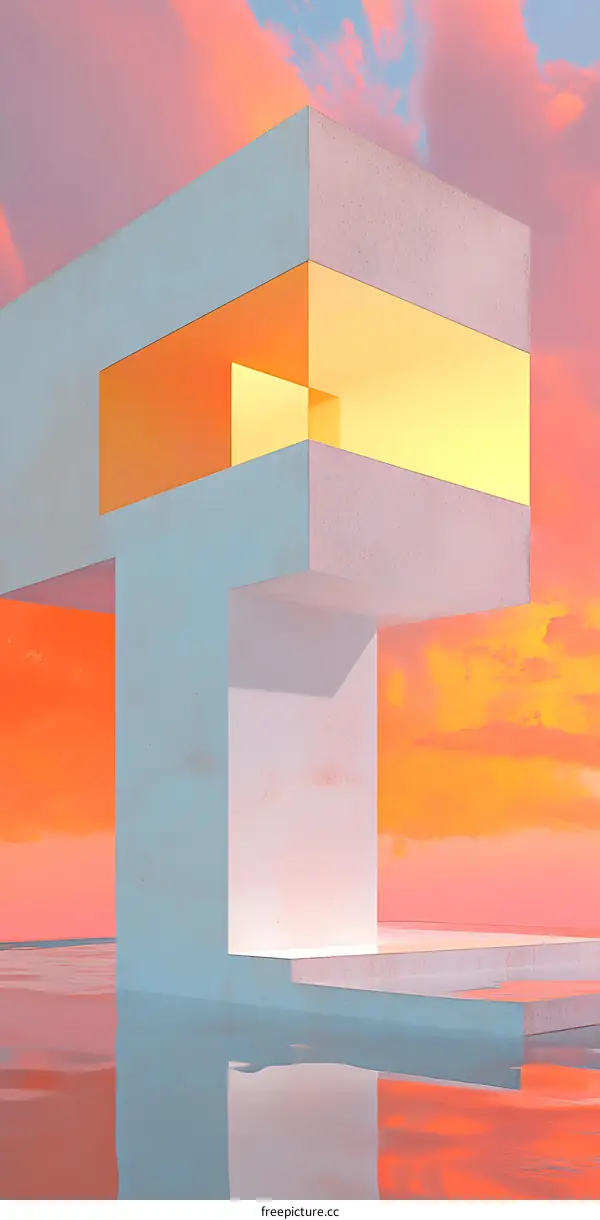 Minimalist Architecture House with Sunset Sky and Reflection