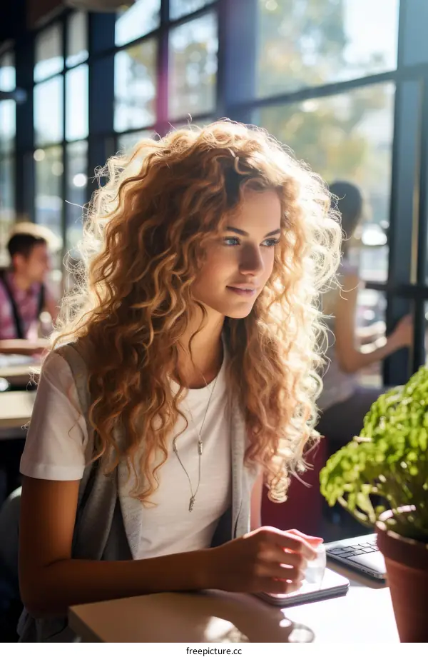 Portrait of a beautiful young woman with curly hair sitting in a cafe