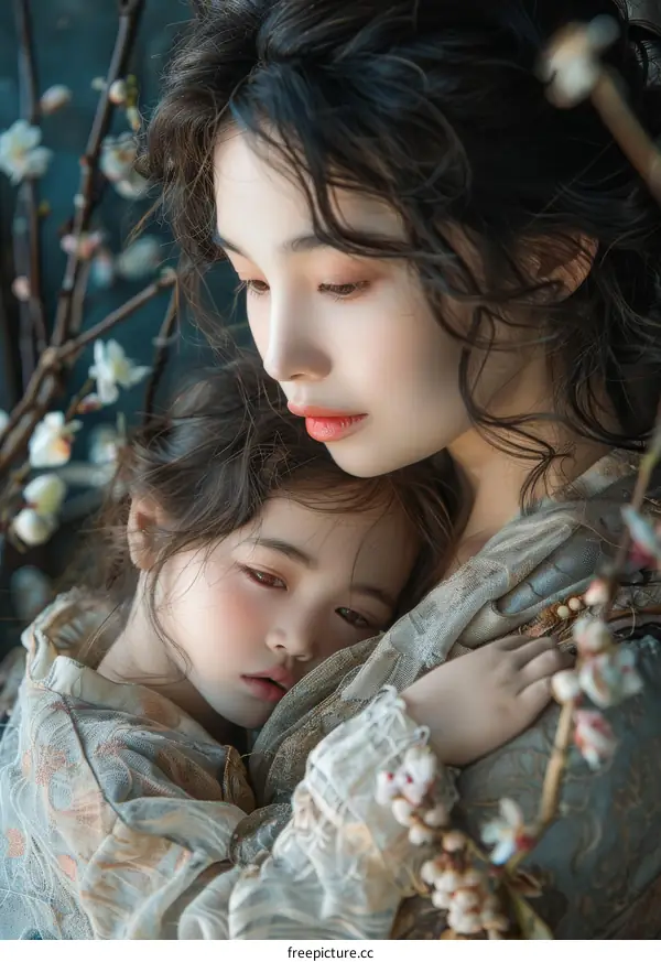 Mother and Daughter Embrace in Springtime Floral Setting