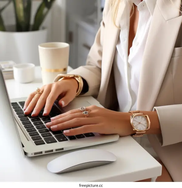 Elegant businesswoman working on laptop in home office