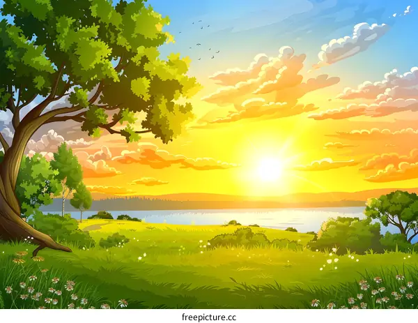 Beautiful Sunset Over Green Meadow And Lake