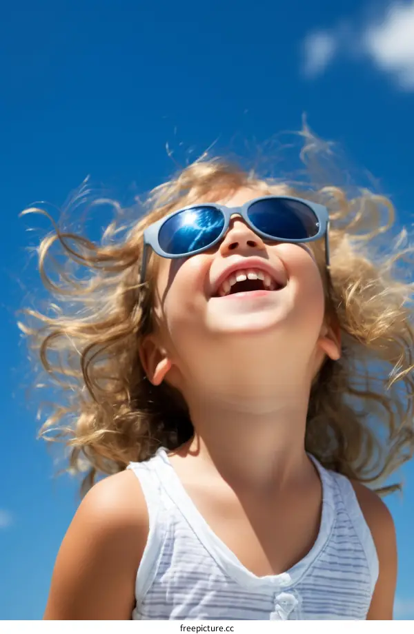 Little Girl Wearing Sunglasses and Looking Up at the Sky