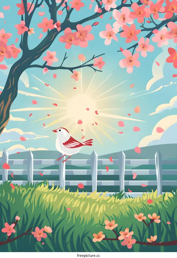 Springtime Bird Illustration With Sun And Flowers