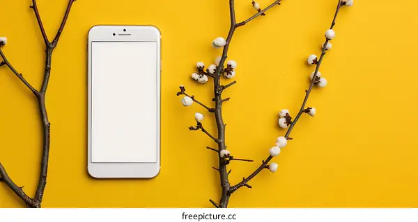 White Flowers and Smartphone on Yellow Background