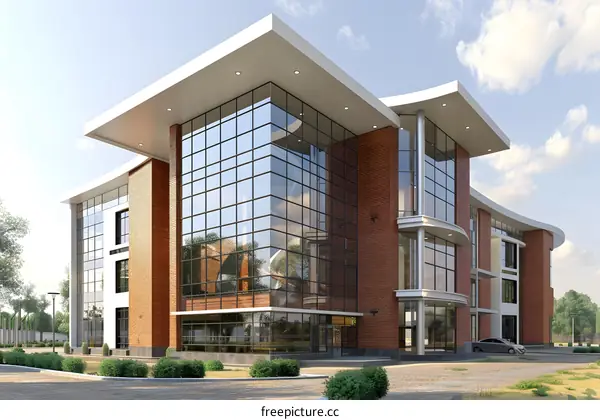 Modern Architecture Building Design with Glass Windows and Brick Walls