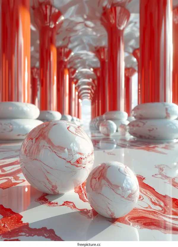 Abstract Architecture Interior Design with Red and White Columns and Spheres