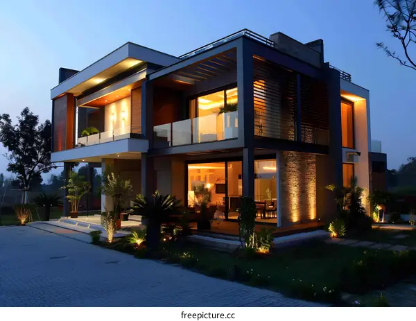 Modern House with Glass Windows and a Brick Wall at Dusk