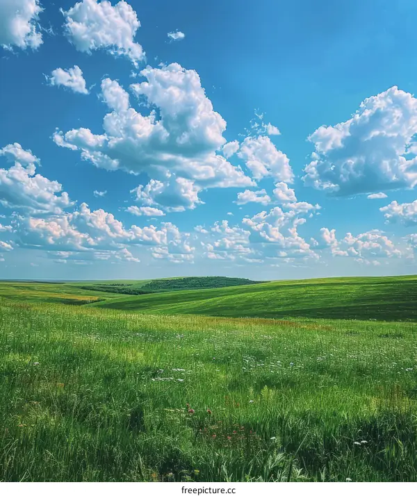 Green rolling hills under a blue sky with white clouds