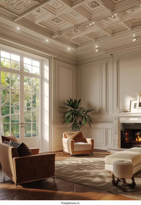 Luxurious Living Room with Fireplace and Natural Light