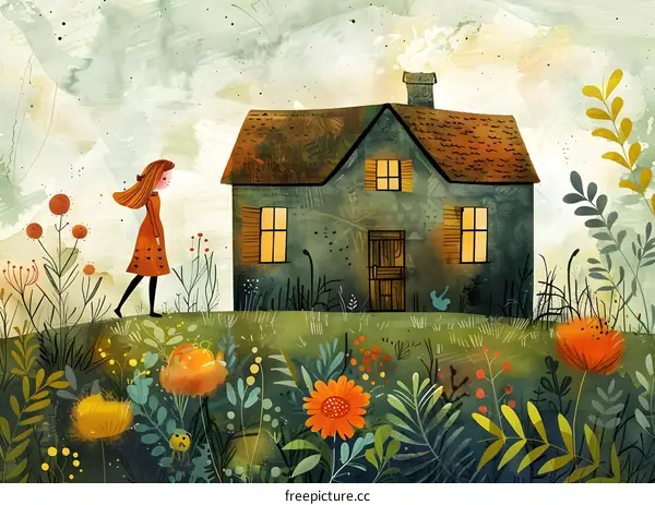 girl walking alone in a field of flowers