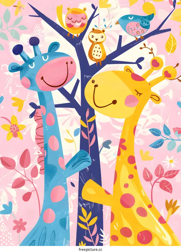 Cute Giraffes in a Tree with Birds