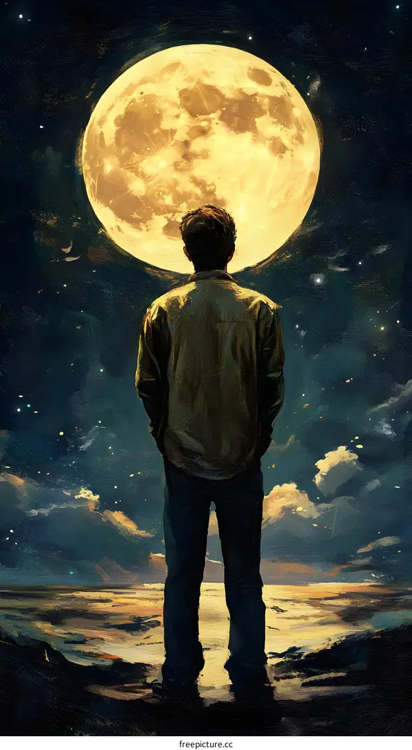 Man Gazing at the Moon with Stars in the Night Sky