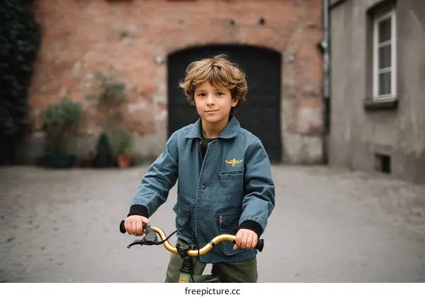 Young Boy Riding Bicycle in Urban Alleyway