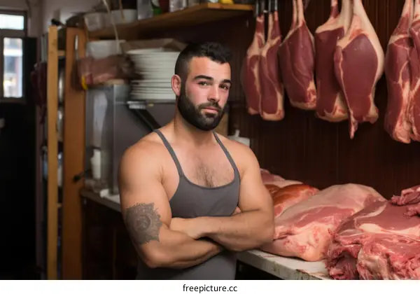 Portrait of a male butcher standing with arms crossed in front of meat display
