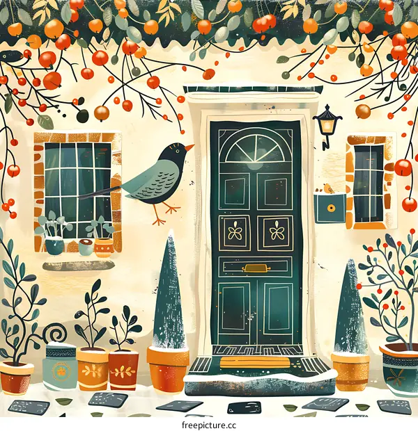 Winter Illustration of a House with Green Door