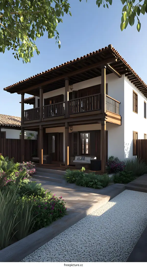 Exterior Design of a White Two Story House with a Balcony and a Gravel Pathway