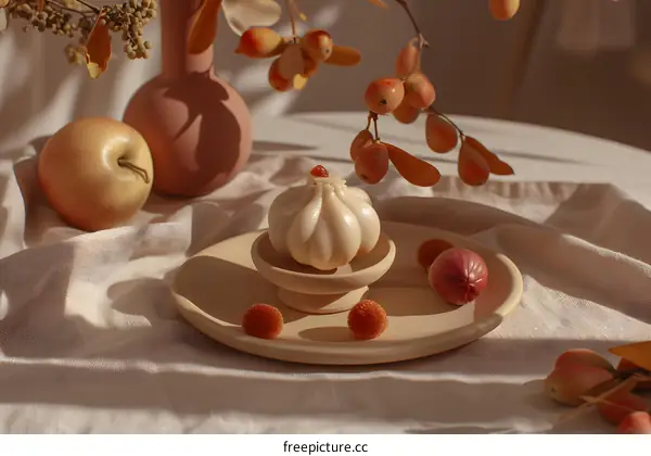 Close Up of White Bun on Wooden Plate with Fruit Decoration