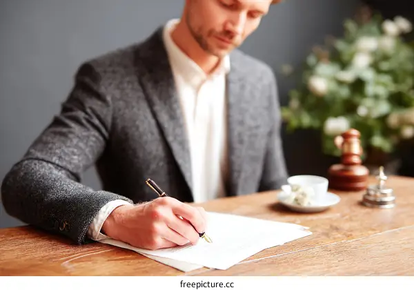Businessman Signing Contract in Cafe