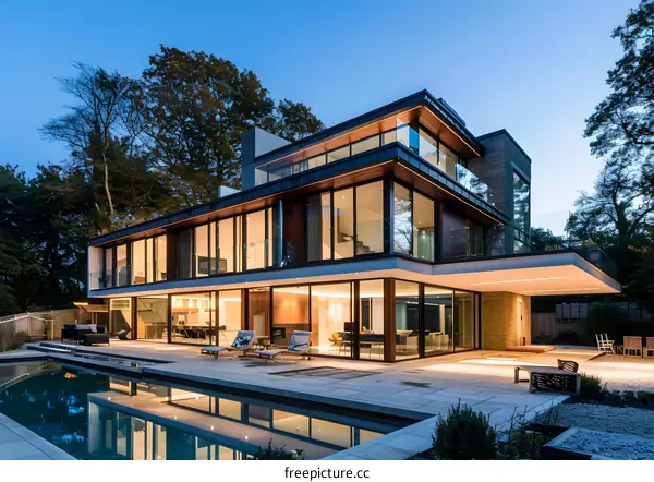 Modern Home with Large Windows and a Swimming Pool