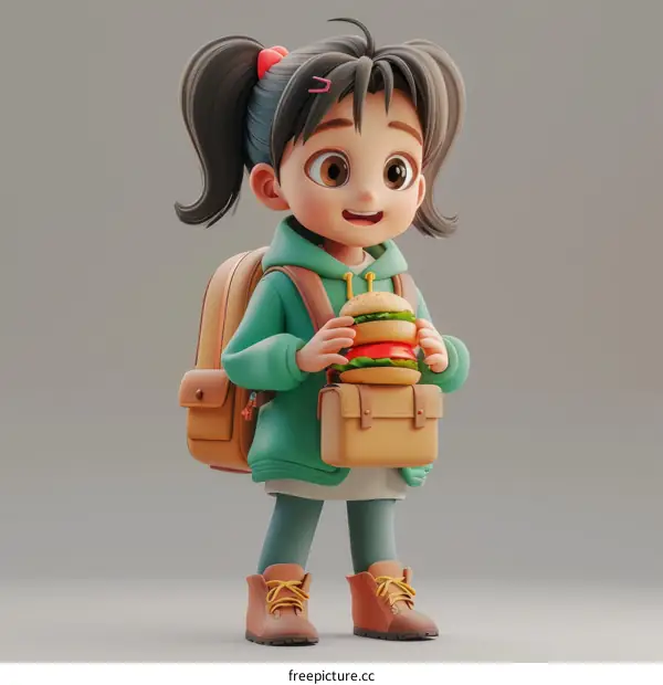 Young Student Eating Hamburger and Carrying Backpack