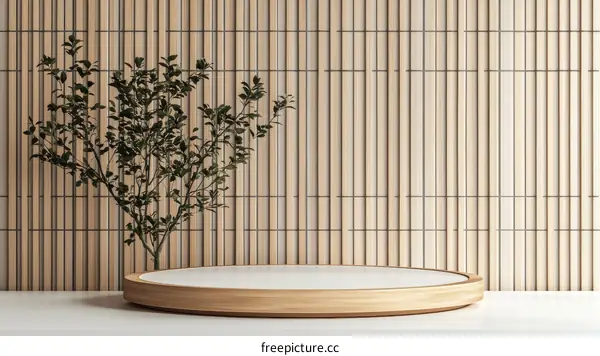 Minimalist Wooden Podium Display with Bamboo Wall