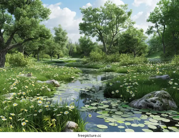 Small River Bubbling Through a Beautiful Green Pasture