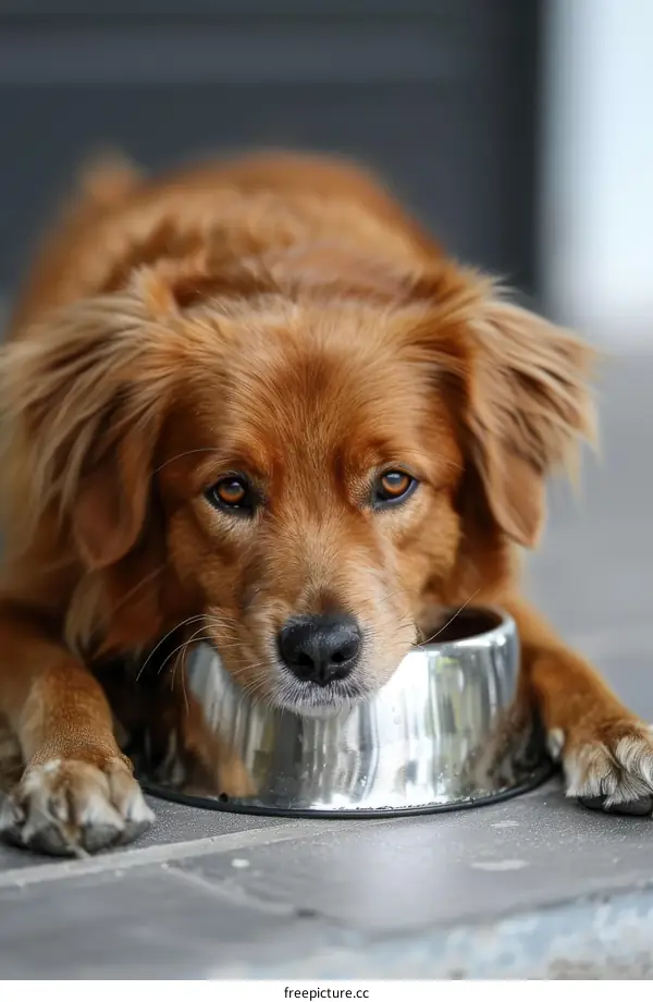 A brown dog is lying in front of a metal bowl.