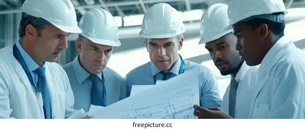 Construction Workers Reviewing Blueprint In Hard Hats
